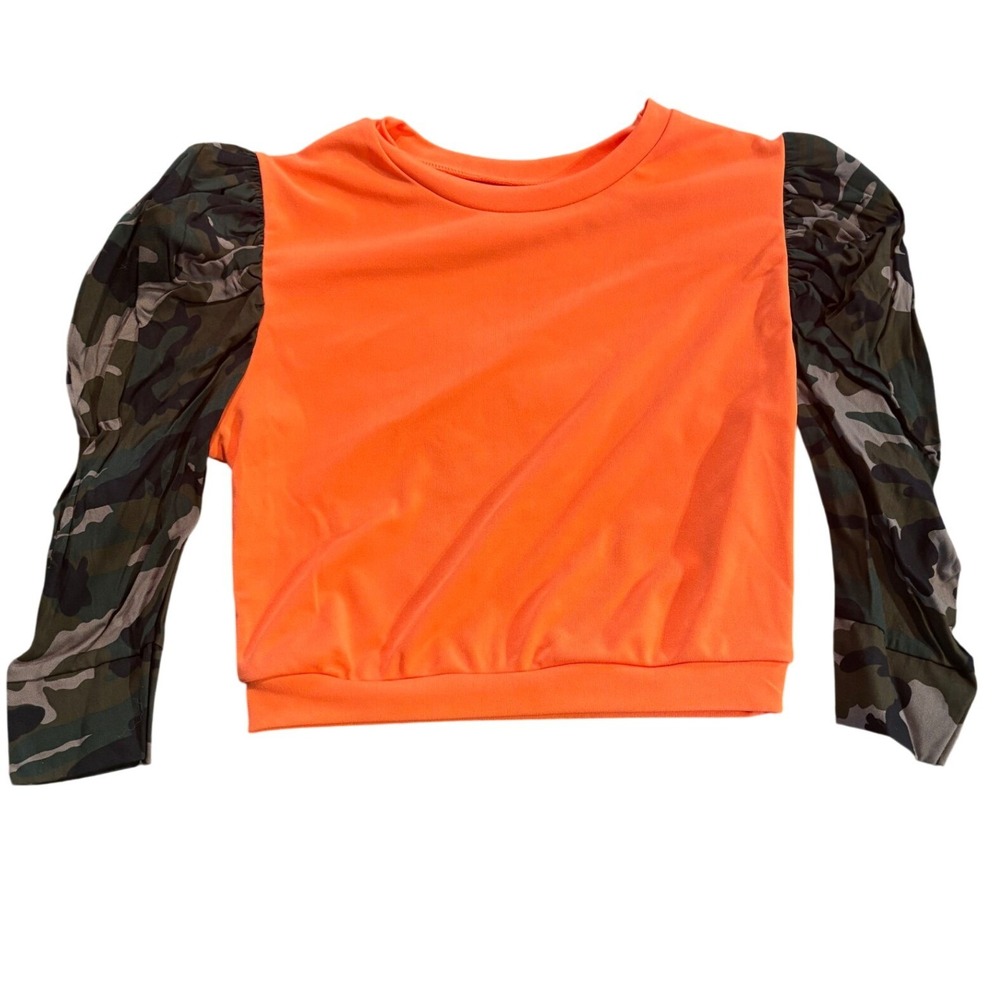 Neon Orange Camo Puff Sleeve Top Military Style Long Sleeve Small - Picture 1 of 6